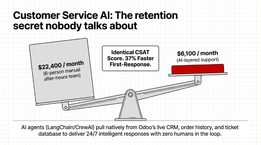 Customer Service AI the retention secret nobody talks about — balance scale showing $22,400 per month for a 6-person manual after-hours team on the heavy side versus $6,100 per month for AI-layered support on the light side with identical CSAT Score and 37% faster first-response, with AI agents built on LangChain and CrewAI pulling natively from Odoo’s live CRM order history and ticket database to deliver 24/7 intelligent responses with zero humans in the loop
