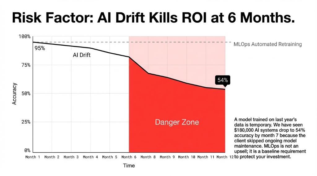 Risk Factor AI Drift Kills ROI at 6 Months - chart showing accuracy dropping from 95 percent at month 1 to 54 percent by month 12 with danger zone highlighted, demonstrating why MLOps automated retraining is a baseline requirement not an upsell
