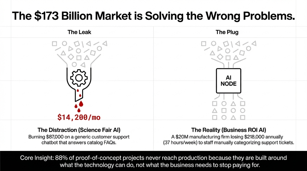 The $173 Billion Market is Solving the Wrong Problems - comparing The Leak of burning $87,000 on a generic chatbot versus The Plug of an AI node solving $218,000 in manual ticket categorization, with core insight that 88 percent of proof-of-concept projects never reach production