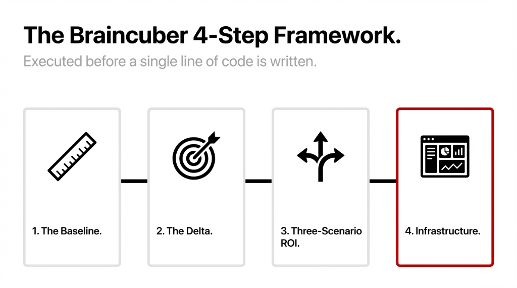 The Braincuber 4-Step Framework executed before a single line of code is written: 1. The Baseline, 2. The Delta, 3. Three-Scenario ROI, 4. Infrastructure
