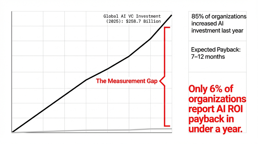 The Measurement Gap chart showing Global AI VC Investment at $258.7 Billion in 2025, with 85% of organizations increasing AI investment but only 6% reporting AI ROI payback in under a year