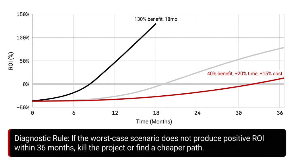 Three-Scenario ROI Model chart showing best case at 130% benefit in 18 months, base case, and worst case at 40% benefit with +20% time and +15% cost. Diagnostic Rule: If worst-case does not produce positive ROI within 36 months, kill the project or find a cheaper path.