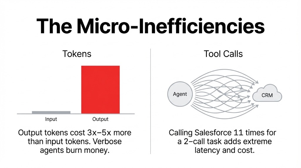 Diagram showing micro-inefficiencies in AI agents — output tokens costing 3x-5x more than input tokens, and excessive tool calls to CRM adding latency and cost