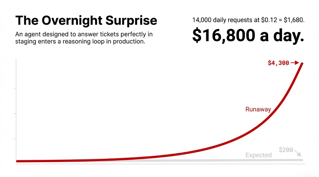Chart showing AI agent cost runaway from expected $200 per day to $16,800 per day due to reasoning loop in production