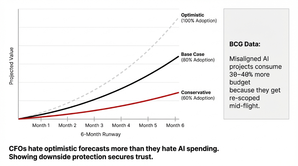 Risk-adjusted projection chart showing three scenarios over a 6-month runway with optimistic at 100% adoption, base case at 80% adoption, and conservative at 60% adoption in red, alongside BCG data that misaligned AI projects consume 30-40% more budget because they get re-scoped mid-flight, with the insight that CFOs hate optimistic forecasts more than they hate AI spending