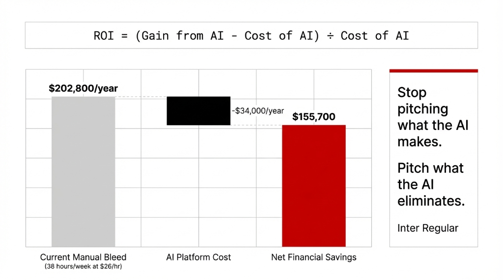 ROI formula visualization showing current manual bleed of $202,800 per year at 38 hours per week at $26 per hour minus AI platform cost of approximately $34,000 per year equals net financial savings of $155,700, with the key insight to stop pitching what the AI makes and instead pitch what the AI eliminates