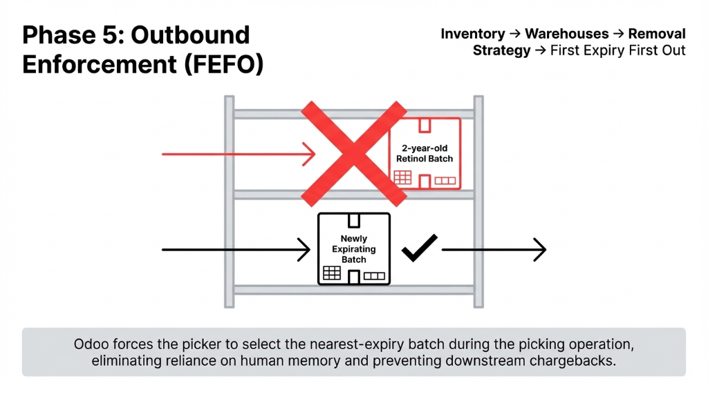 Phase 5: Outbound Enforcement FEFO - Odoo forces the picker to select the nearest-expiry batch during the picking operation, eliminating reliance on human memory and preventing downstream chargebacks. Inventory Warehouses Removal Strategy First Expiry First Out.