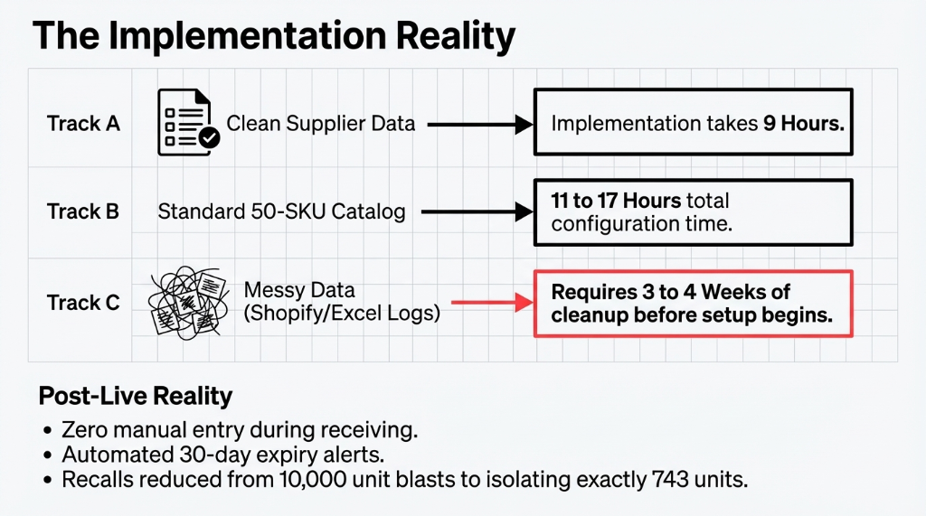 The Implementation Reality - Track A: Clean Supplier Data takes 9 hours. Track B: Standard 50-SKU Catalog takes 11 to 17 hours total configuration time. Track C: Messy Data from Shopify and Excel Logs requires 3 to 4 weeks of cleanup before setup begins. Post-Live Reality: Zero manual entry during receiving, automated 30-day expiry alerts, recalls reduced from 10,000 unit blasts to isolating exactly 743 units.