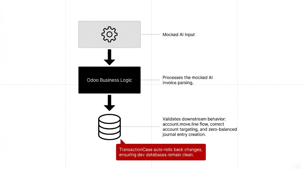 Integration Test Flow for Odoo AI Modules: Mocked AI Input feeds into Odoo Business Logic which processes the mocked AI invoice parsing, then validates downstream behavior including account.move.line flow, correct account targeting, and zero-balanced journal entry creation. TransactionCase auto-rolls back changes ensuring dev databases remain clean.