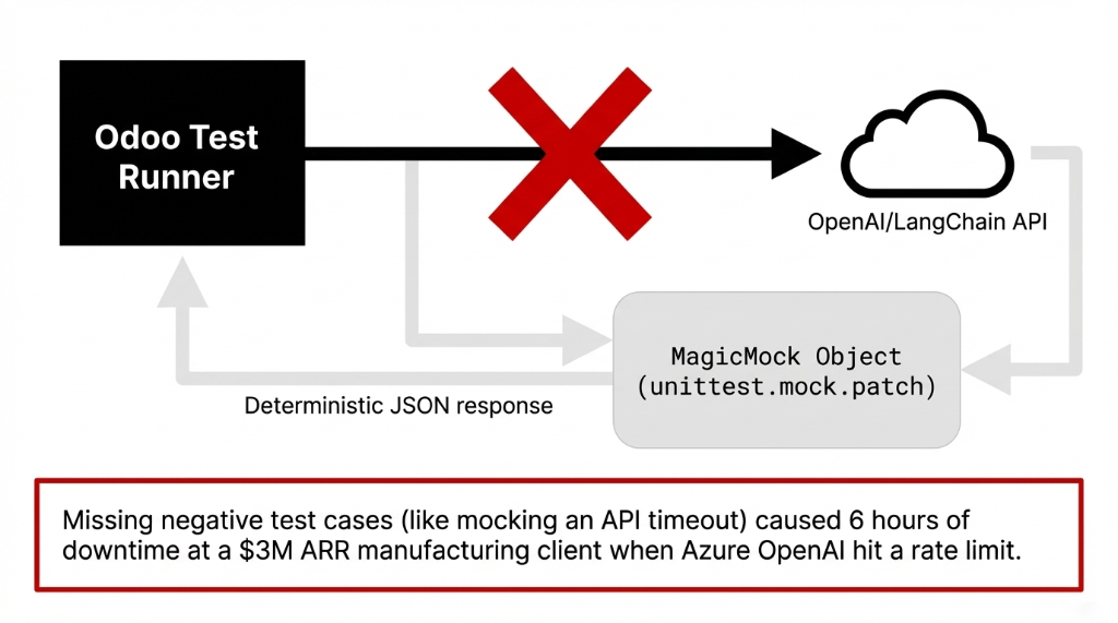 Mocking Strategy for Odoo AI Tests: The Odoo Test Runner is blocked from calling the OpenAI or LangChain API directly (shown with a red X). Instead, a MagicMock Object using unittest.mock.patch intercepts the call and returns a deterministic JSON response. A warning callout reads: Missing negative test cases like mocking an API timeout caused 6 hours of downtime at a $3M ARR manufacturing client when Azure OpenAI hit a rate limit.