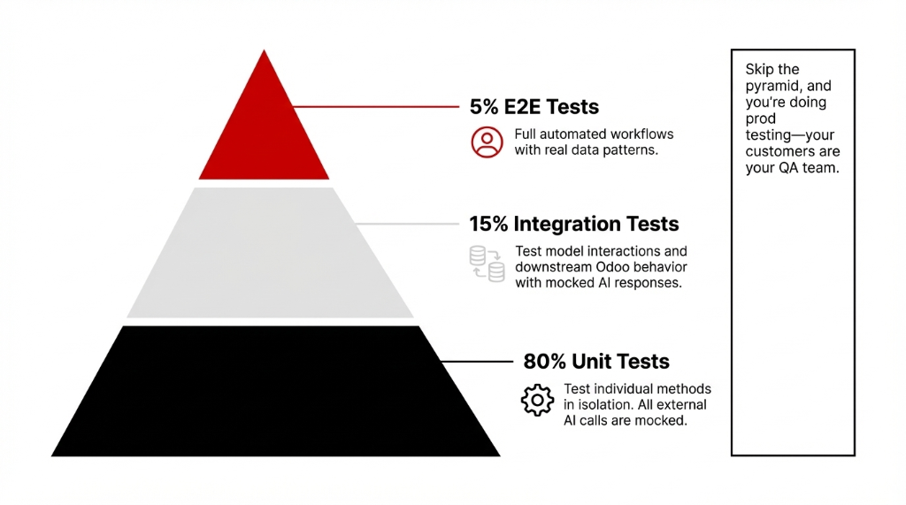 Testing Pyramid for Odoo AI Modules: 80% Unit Tests at the base testing individual methods in isolation with all external AI calls mocked, 15% Integration Tests in the middle testing model interactions and downstream Odoo behavior with mocked AI responses, and 5% E2E Tests at the top running full automated workflows with real data patterns. A callout reads: Skip the pyramid and you are doing prod testing—your customers are your QA team.
