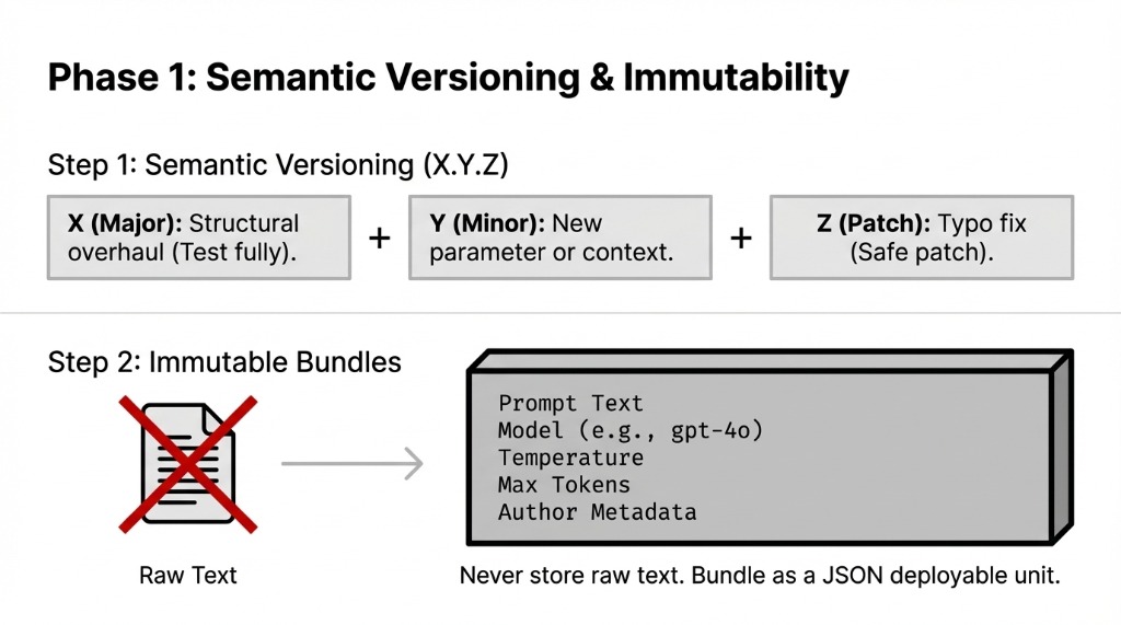 Diagram showing Phase 1 of AI prompt version control — semantic versioning with X.Y.Z format (Major, Minor, Patch) and immutable bundles containing prompt text, model, temperature, max tokens, and author metadata