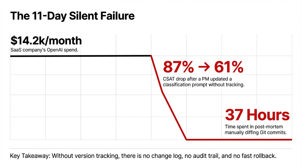 Infographic showing the 11-day silent failure — $14.2k per month OpenAI spend, CSAT dropped from 87% to 61% after an untracked prompt change, 37 hours spent in post-mortem manually diffing Git commits