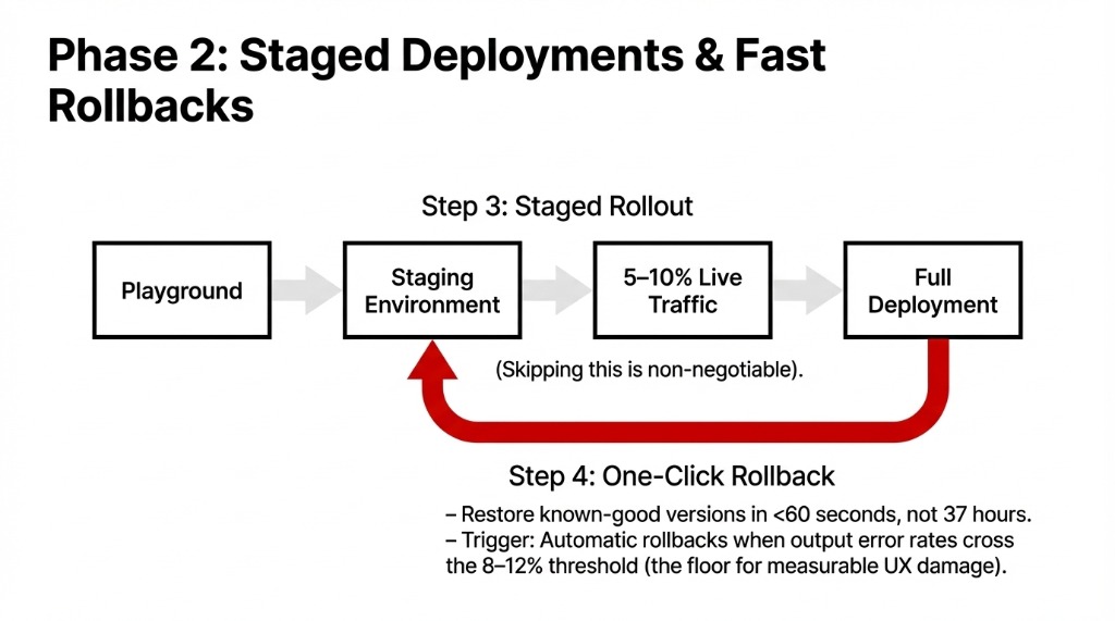 Diagram showing Phase 2 of AI prompt deployment — staged rollout from Playground to Staging Environment to 5-10% Live Traffic to Full Deployment, with one-click rollback restoring known-good versions in under 60 seconds