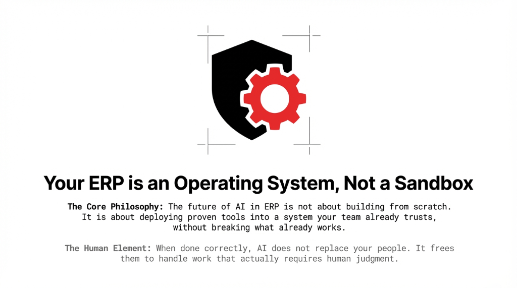 Your ERP is an Operating System Not a Sandbox — the core philosophy that AI in ERP is about deploying proven tools into a system your team trusts, without breaking what already works