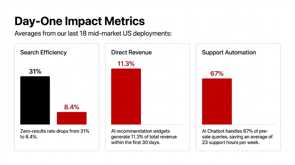 Day-One Impact Metrics: 31% to 8.4% Zero-Results Rate Drop, 11.3% Direct Revenue from Widgets, 67% Support Automation