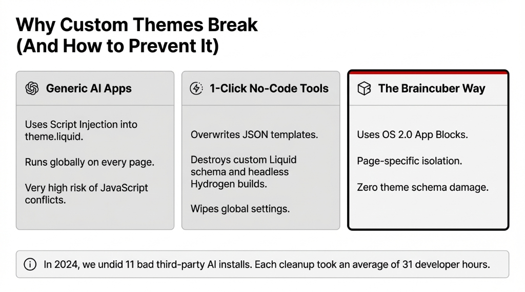 Why Custom Themes Break: Generic AI Apps vs 1-Click No Code Tools vs The Braincuber Way