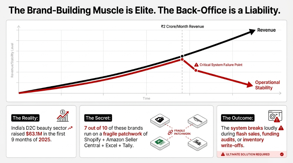 The Brand-Building Muscle is Elite The Back-Office is a Liability chart showing revenue growing while operational stability crashes at critical system failure point with 63.1M raised by India D2C beauty sector and 7 out of 10 brands running on fragile patchwork of Shopify Amazon Seller Central Excel and Tally