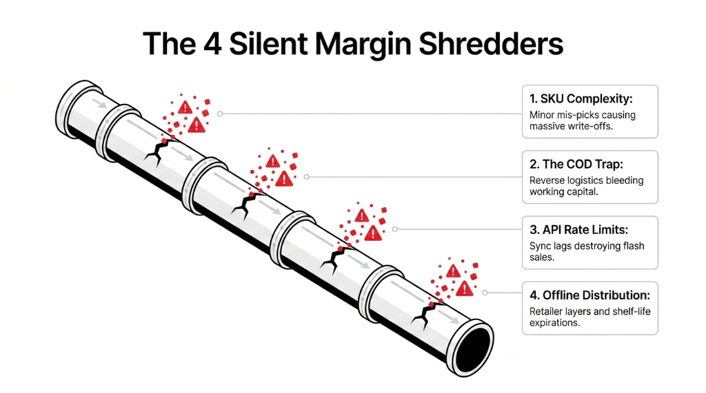 The 4 Silent Margin Shredders diagram showing SKU complexity causing massive write-offs COD trap bleeding working capital API rate limits destroying flash sales and offline distribution with retailer layers and shelf-life expirations