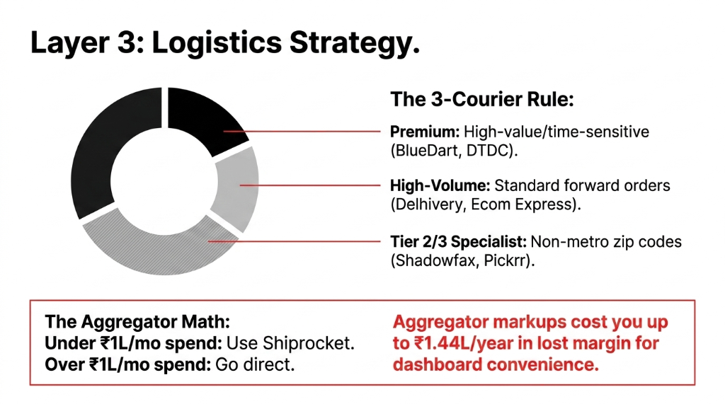 Layer 3 Logistics Strategy showing The 3-Courier Rule with Premium partner BlueDart DTDC for high-value orders plus High-Volume partner Delhivery Ecom Express for standard orders plus Tier 2 3 Specialist Shadowfax Pickrr for non-metro zip codes with aggregator math showing under 1L per month use Shiprocket and over 1L per month go direct saving up to 1.44L per year in lost margin