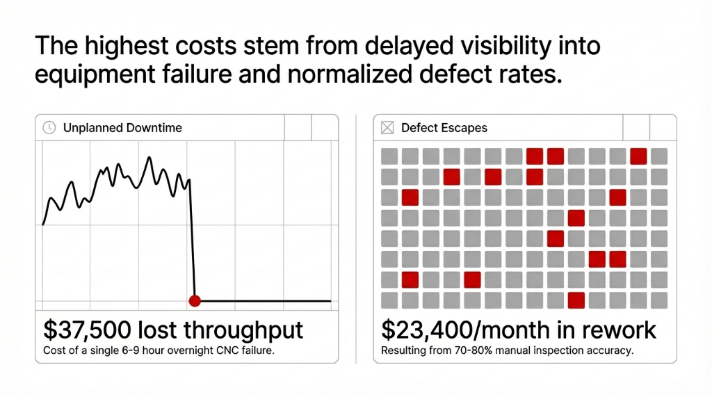 The highest costs stem from delayed visibility into equipment failure and normalized defect rates. Unplanned Downtime chart showing $37,500 lost throughput from a single 6-9 hour overnight CNC failure. Defect Escapes grid showing $23,400 per month in rework resulting from 70-80 percent manual inspection accuracy.