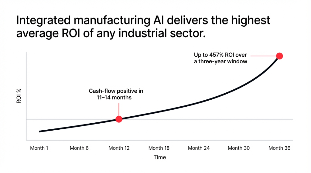Integrated manufacturing AI delivers the highest average ROI of any industrial sector. ROI curve chart showing cash-flow positive in 11-14 months and reaching up to 457 percent ROI over a three-year window from Month 1 to Month 36.