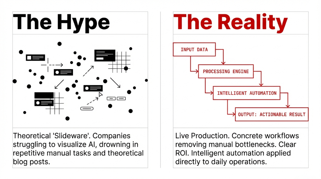 The Hype versus The Reality. Left side shows theoretical slideware with companies struggling to visualize AI, drowning in repetitive manual tasks and theoretical blog posts. Right side shows Live Production with a clear pipeline: Input Data flows to Processing Engine then to Intelligent Automation then to Output Actionable Result. Concrete workflows removing manual bottlenecks with clear ROI.