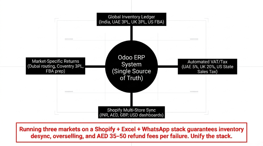 Odoo ERP System Single Source of Truth architecture showing Global Inventory Ledger for India UAE 3PL UK 3PL US FBA connected to Automated VAT Tax rules for UAE 5 percent UK 20 percent US State Sales Tax plus Shopify Multi-Store Sync for INR AED GBP USD dashboards plus Market-Specific Returns routing for Dubai Coventry 3PL and FBA prep