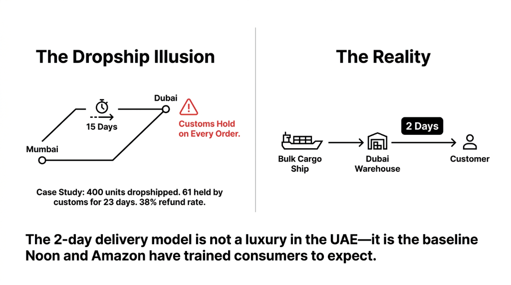 The Dropship Illusion showing Mumbai to Dubai taking 15 days with customs hold on every order and 400 units dropshipped with 61 held for 23 days and 38 percent refund rate versus The Reality of bulk cargo ship to Dubai Warehouse delivering to customer in 2 days because 2-day delivery is the baseline Noon and Amazon have trained consumers to expect