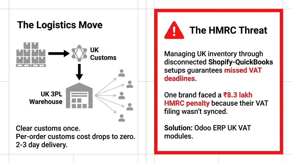 The Logistics Move showing bulk cargo clearing UK Customs once then storing in UK 3PL Warehouse for 2 to 3 day delivery plus The HMRC Threat warning that disconnected Shopify-QuickBooks setups guarantee missed VAT deadlines with one brand facing 8.3 lakh HMRC penalty solved by Odoo ERP UK VAT modules