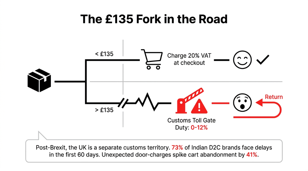 The 135 Pound Fork in the Road showing orders under 135 pounds charging 20 percent VAT at checkout with happy customer versus orders over 135 pounds hitting Customs Toll Gate with 0 to 12 percent duty causing surprise charges and returns with 73 percent of Indian D2C brands facing delays and 41 percent cart abandonment spike from unexpected door-charges