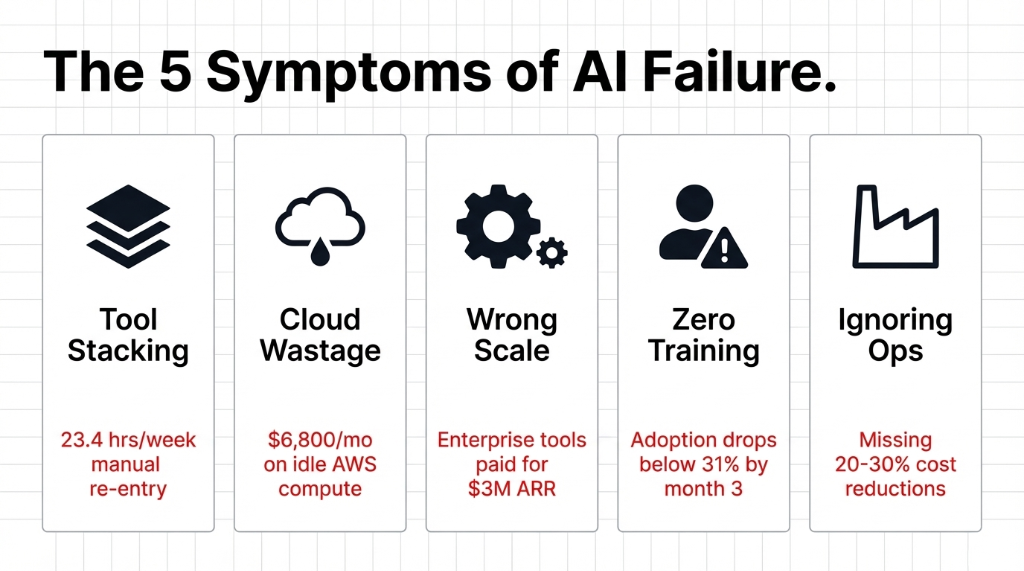 The 5 Symptoms of AI Failure &mdash; Tool Stacking: 23.4 hours per week manual re-entry. Cloud Wastage: $6,800 per month on idle AWS compute. Wrong Scale: enterprise tools paid for at $3M ARR. Zero Training: adoption drops below 31% by month 3. Ignoring Ops: missing 20-30% cost reductions.