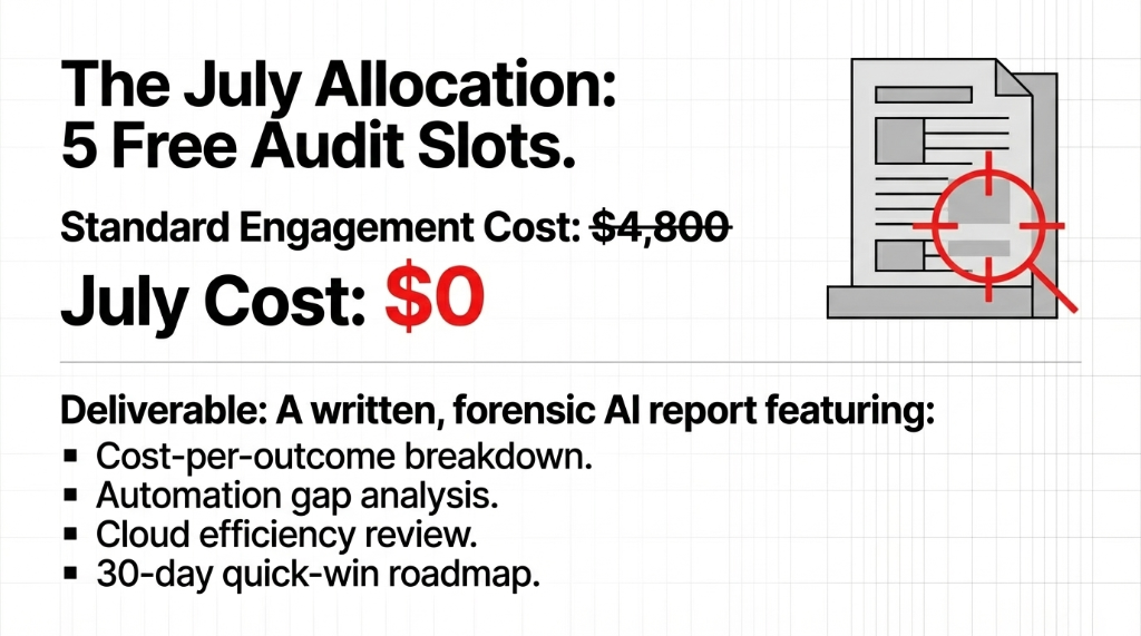 The July Allocation: 5 Free Audit Slots. Standard Engagement Cost: $4,800 (crossed out). July Cost: $0. Deliverable: A written, forensic AI report featuring cost-per-outcome breakdown, automation gap analysis, cloud efficiency review, and 30-day quick-win roadmap.