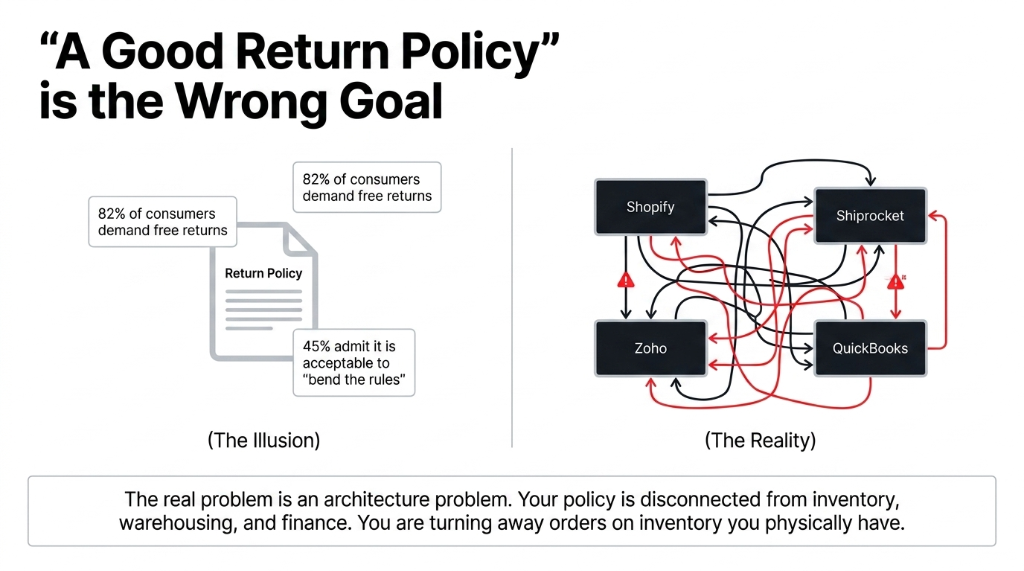 A Good Return Policy is the Wrong Goal - The Illusion showing 82 percent of consumers demand free returns and 45 percent admit it is acceptable to bend the rules versus The Reality showing tangled integrations between Shopify Shiprocket Zoho and QuickBooks - The real problem is an architecture problem with policy disconnected from inventory warehousing and finance