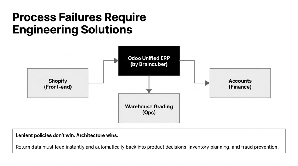 Process Failures Require Engineering Solutions - Shopify front-end feeds into Odoo Unified ERP by Braincuber which connects to Warehouse Grading for Ops and Accounts for Finance - Lenient policies do not win architecture wins - Return data must feed instantly and automatically back into product decisions inventory planning and fraud prevention