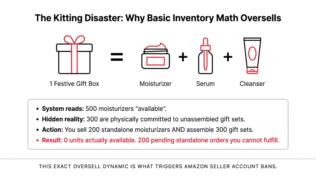 The Kitting Disaster Why Basic Inventory Math Oversells - 1 Festive Gift Box equals Moisturizer plus Serum plus Cleanser - System reads 500 moisturizers available but 300 are committed to unassembled gift sets - You sell 200 standalone and assemble 300 gift sets resulting in 0 units available with 200 pending orders you cannot fulfill - This exact oversell dynamic triggers Amazon Seller account bans