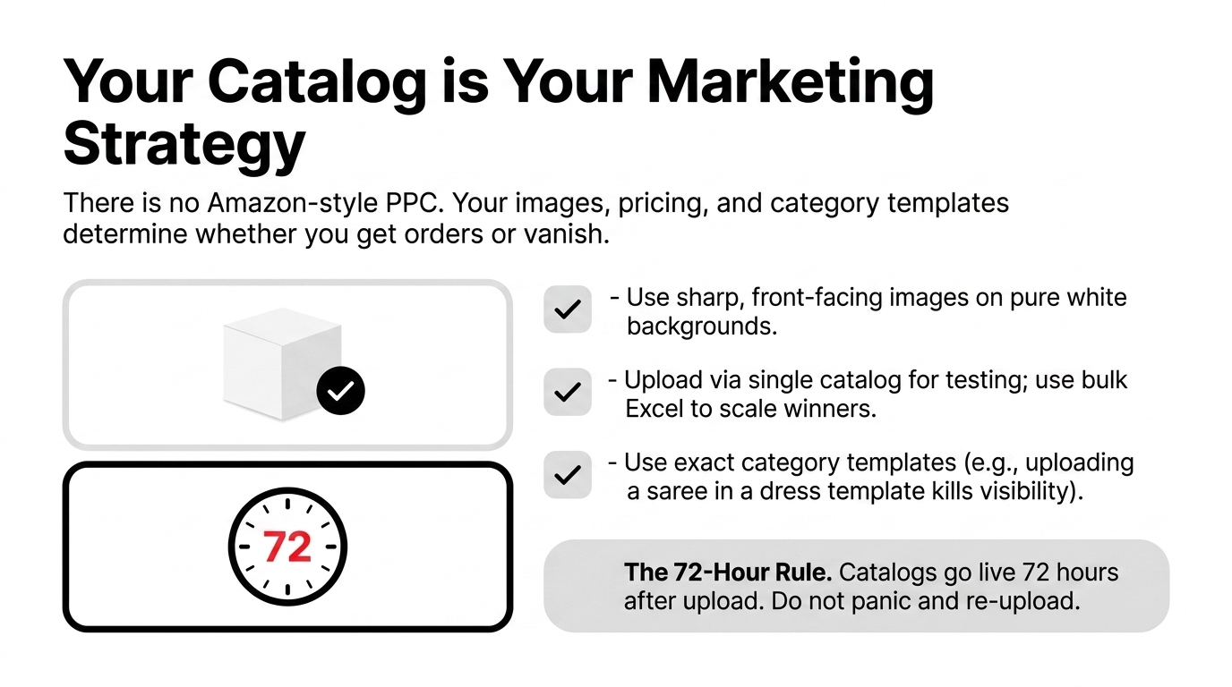 Your Catalog is Your Marketing Strategy - No Amazon-style PPC available - Use sharp front-facing images on pure white backgrounds - Upload via single catalog for testing and bulk Excel to scale winners - Use exact category templates - The 72-Hour Rule catalogs go live 72 hours after upload do not panic and re-upload
