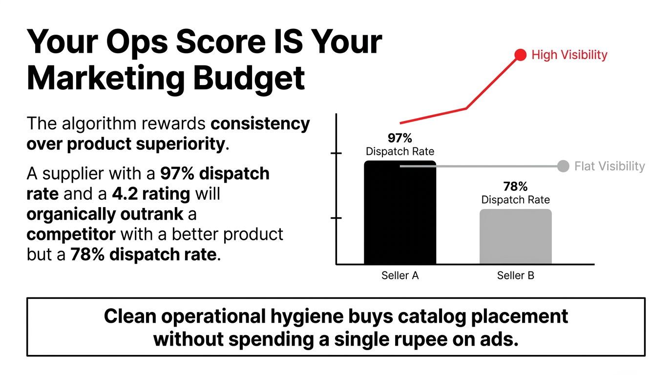 Your Ops Score IS Your Marketing Budget - Algorithm rewards consistency over product superiority - Seller A with 97% dispatch rate gets high visibility while Seller B with 78% dispatch rate gets flat visibility - Clean operational hygiene buys catalog placement without spending a single rupee on ads