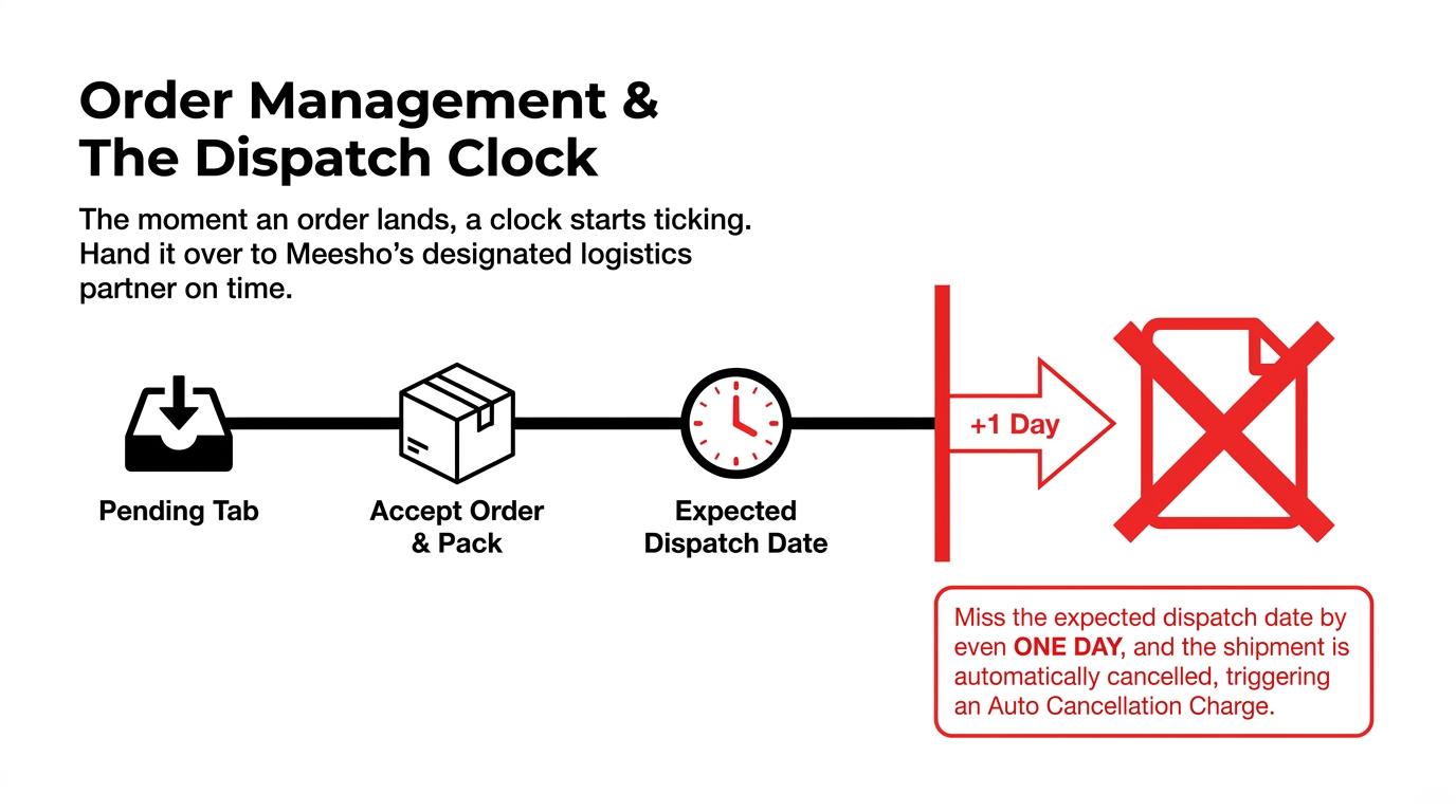 Order Management and The Dispatch Clock - Pending Tab to Accept Order and Pack to Expected Dispatch Date - Missing by even one day triggers automatic cancellation and Auto Cancellation Charge