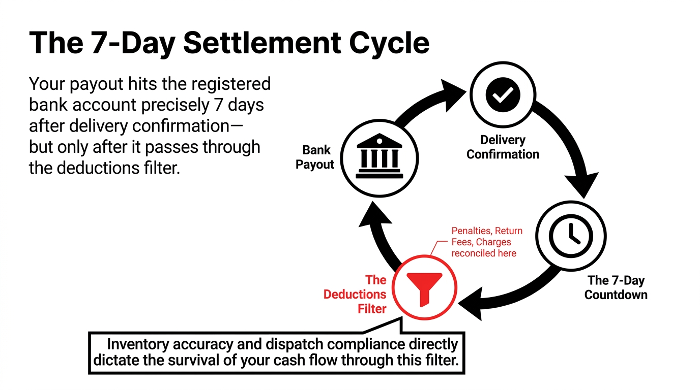 The 7-Day Settlement Cycle - Delivery Confirmation to 7-Day Countdown to The Deductions Filter where penalties return fees and charges are reconciled to Bank Payout - Inventory accuracy and dispatch compliance directly dictate the survival of your cash flow through this filter