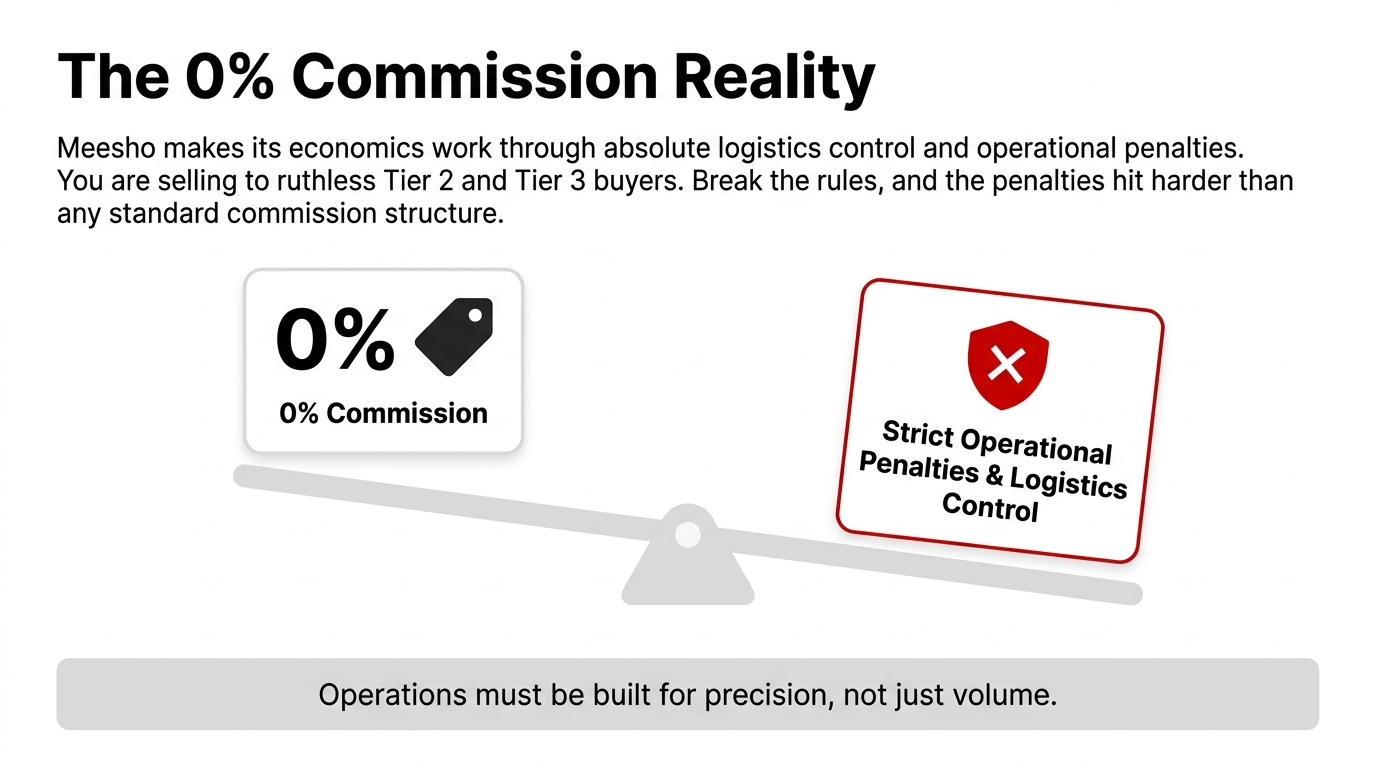 The 0% Commission Reality - Meesho makes its economics work through absolute logistics control and operational penalties balanced against 0% commission - Operations must be built for precision not just volume
