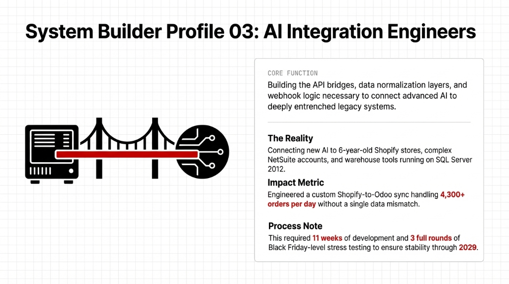 System Builder Profile 03: AI Integration Engineers showing core function of building API bridges and data normalization layers to connect advanced AI to legacy systems, with a custom Shopify-to-Odoo sync handling 4,300 plus orders per day requiring 11 weeks of development and 3 rounds of Black Friday stress testing