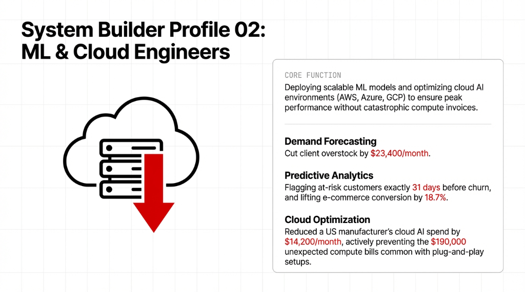 System Builder Profile 02: ML and Cloud Engineers showing core function of deploying scalable ML models and optimizing cloud AI environments across AWS Azure GCP, with demand forecasting cutting overstock by $23,400 per month and cloud optimization reducing spend by $14,200 per month