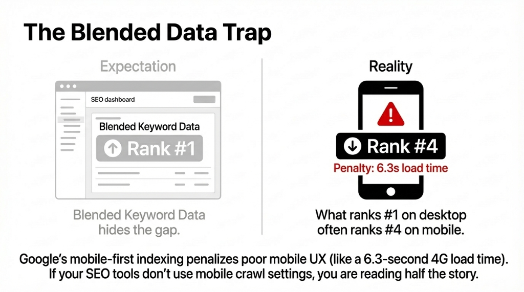 The Blended Data Trap: Blended Keyword Data hides the gap between a Desktop rank #1 and Mobile rank #4 due to load time penalties