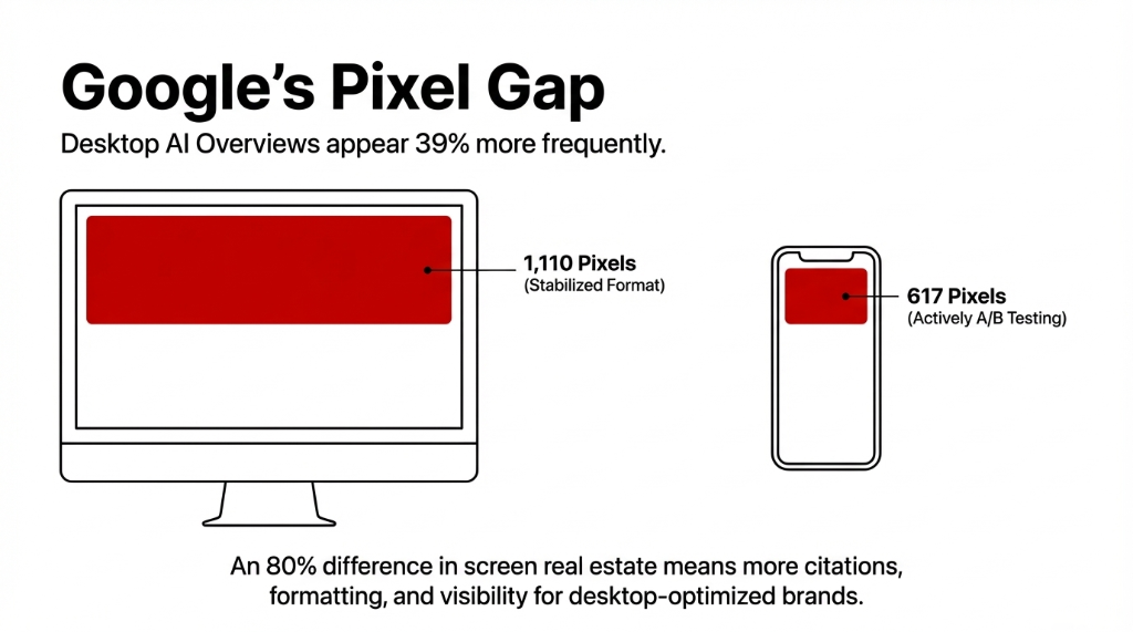 Google's Pixel Gap: Desktop AI Overviews occupy 1,110 pixels vs Mobile's 617 pixels, appearing 39 percent more frequently