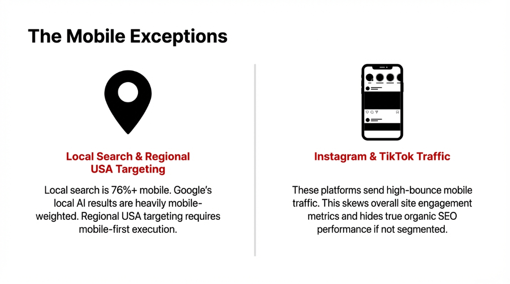 The Mobile Exceptions: Local Search and Regional USA Targeting requiring mobile-first execution, and Instagram / TikTok Traffic sending high-bounce clicks