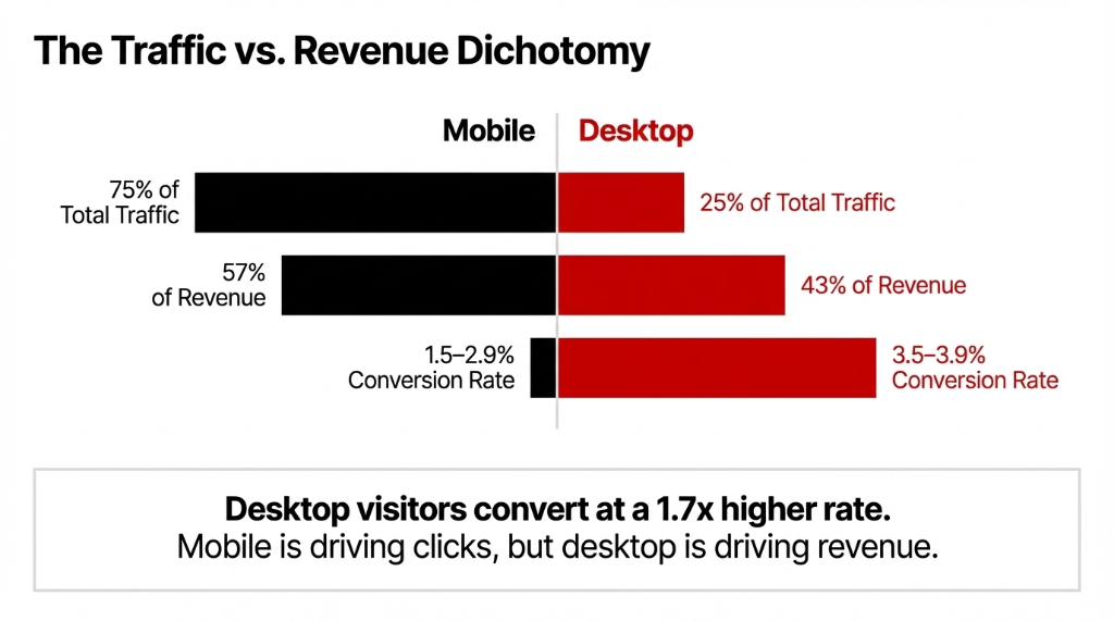 The Traffic vs Revenue Dichotomy: Mobile drives clicks but desktop drives revenue, converting at 1.7x higher rates