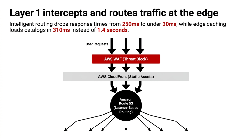 AWS multi-region Layer 1 edge routing architecture showing user requests flowing through AWS WAF threat blocking then AWS CloudFront static asset caching then Amazon Route 53 latency-based routing distributing traffic to multiple regions dropping response times from 250ms to under 30ms and loading catalogs in 310ms instead of 1.4 seconds