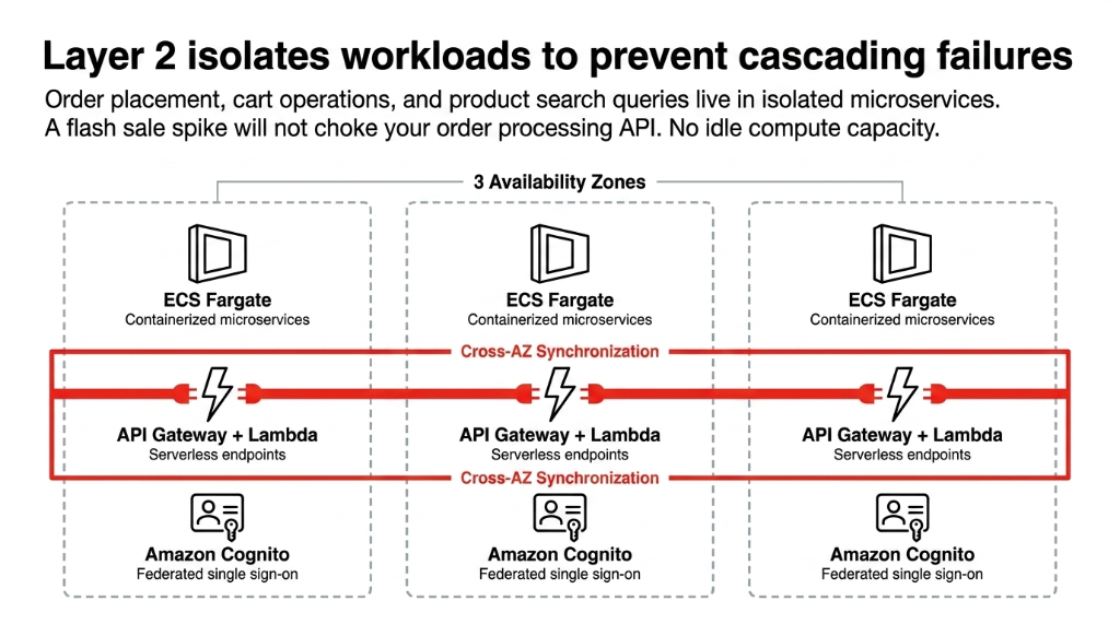 AWS multi-region Layer 2 application architecture showing ECS Fargate containerized microservices running across 3 Availability Zones with API Gateway plus Lambda serverless endpoints for order placement cart operations and product search with cross-AZ synchronization and Amazon Cognito federated single sign-on preventing cascading failures during flash sales