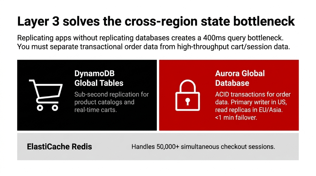 AWS multi-region Layer 3 data architecture showing DynamoDB Global Tables with sub-second replication for product catalogs and real-time carts alongside Aurora Global Database with ACID transactions for order data with primary writer in US and read replicas in EU and Asia with under 1 minute failover plus ElastiCache Redis handling 50000 simultaneous checkout sessions